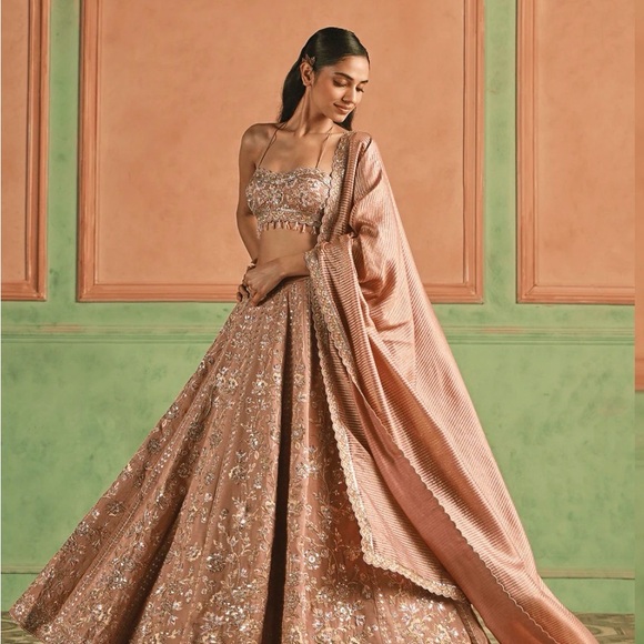 Lashkaraa Dresses & Skirts - Strapless Embroidered Lehenga in Rose Gold - Women Dresses Strapless